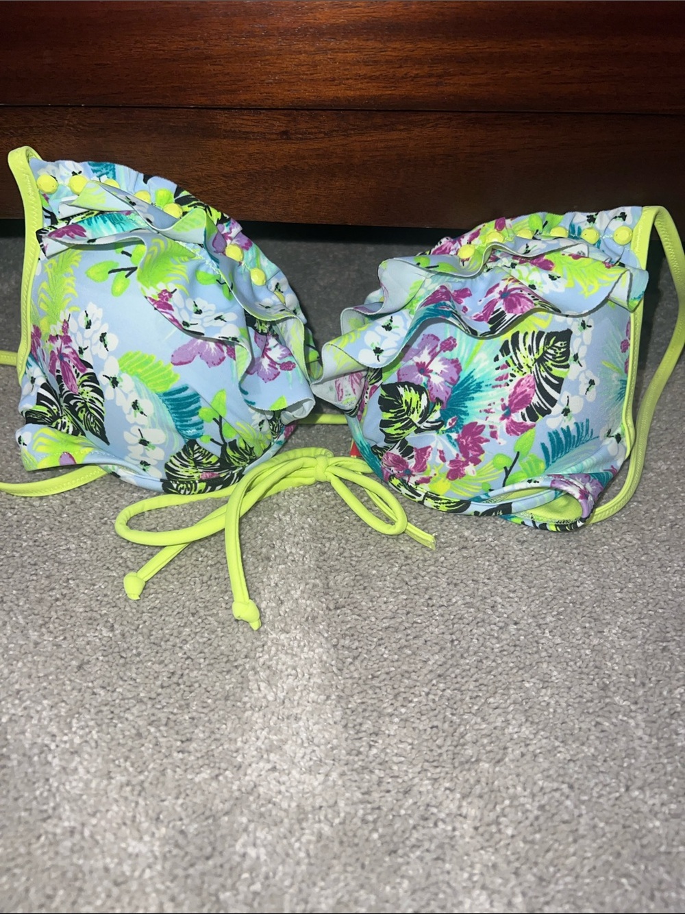 Victoria's Secret Light Blue Floral Ruffle Bikini Top with Neon Yellow Trim